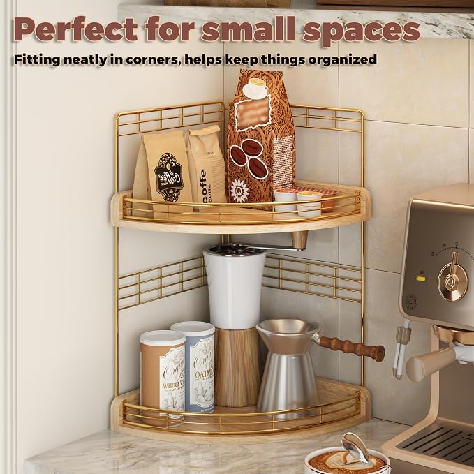 Bathroom Countertop Corner Organizer for Small Spaces, 2-Tier Counter Shelf | Oak Wood & Iron Counter Shelf for Sink & Vanity Corners, Skincare, Toiletries, Space-Saving, Compact Vertical Storage Natural