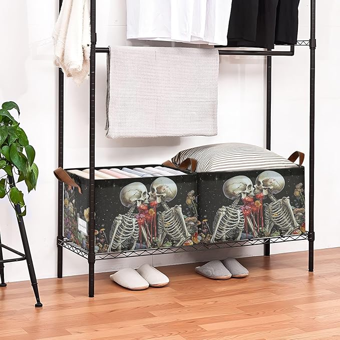 Black Skeleton Gothic Storage Bins for Shelves with Labels&Handles Halloween Organizer Bin Foldable Rectangle Storage Basket Black Goth Skull Boxes for Closet, Bathroom, Home, Living Room, Laundry
