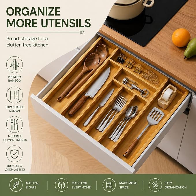 Bamboo Expandable Drawer Organizer for Utensils Holder, Adjustable Cutlery Tray, Wood Drawer Dividers Organizer for Silverware, Knives in Kitchen, Bedroom, Closet, Office, Tools