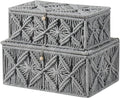 2PCS Decorative Boho Storage Baskets with Lid Bohemian Macrame Jewelry Box Handmade Natural Cotton Rope Woven Bins Memory Keepsake Photo Makeup Organizer Container (Gray, 1 Large 1 Small)