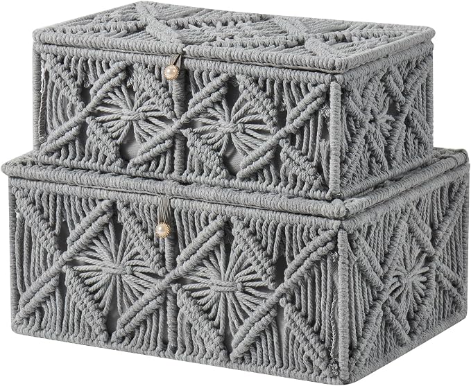2PCS Decorative Boho Storage Baskets with Lid Bohemian Macrame Jewelry Box Handmade Natural Cotton Rope Woven Bins Memory Keepsake Photo Makeup Organizer Container (Gray, 1 Large 1 Small)
