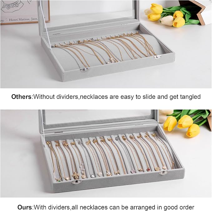 Frebeauty 15 Hooks Necklace Organizer,Velvet Necklace Holder Tray with Lid | Jewelry Organizer for Necklace Pendant Chain,Women Jewelry Box,for Home Use and Jewelry Store,Jewelry Display for Drawer