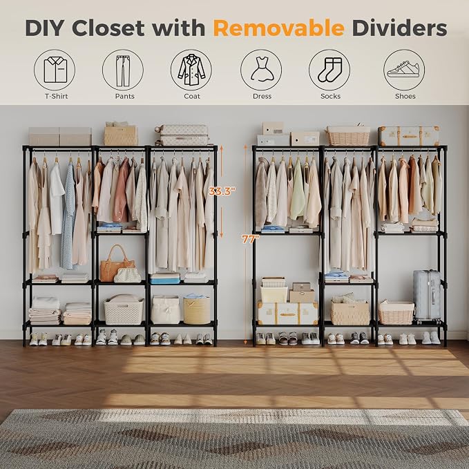 OLIXIS Heavy Duty Clothes Rack, Portable Wardrobe Closet, 75" L, Black | Freestanding Closet Organizer with Hanging Rods, Clothes Rack with Shelves, for Cloakroom, Bedroom