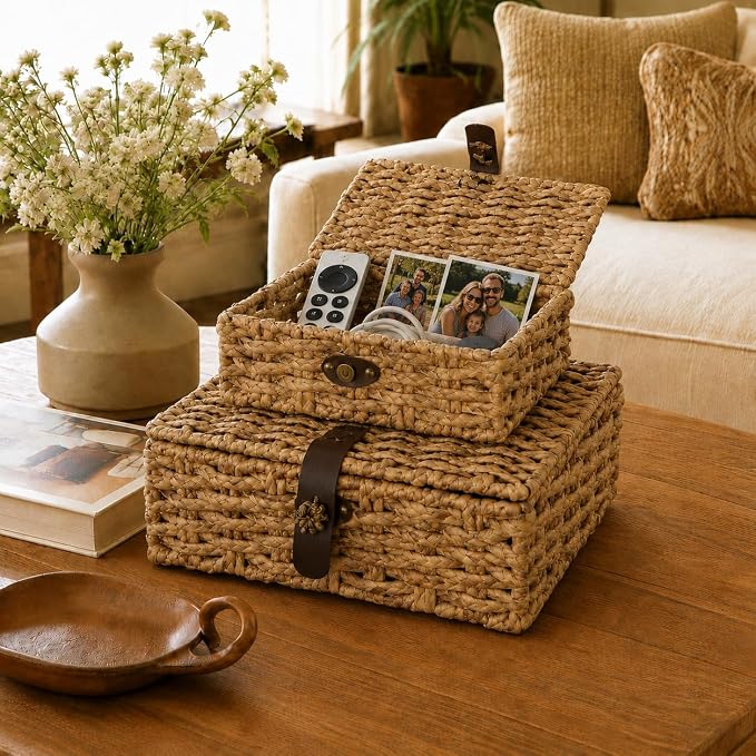 Set of 2 Decorative Box,Woven Storage Baskets with Lid, Water Hyacinth Decorative Boxes for Home Decor, Coffee Table,Entry Table,Mantle,Shelf