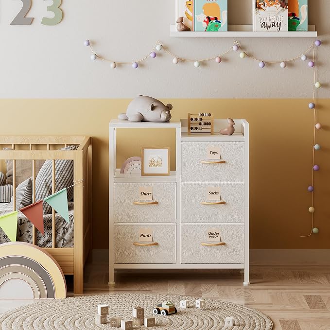 Furnulem White Dresser for Bedroom, 5 Drawer Small Fabric Closet Dresser | Small Chest of Drawers, Storage Cabinet Organizer with 2 Tier Shelf, Closet Drawer Units with Metal Frame, Dresser for Dorm