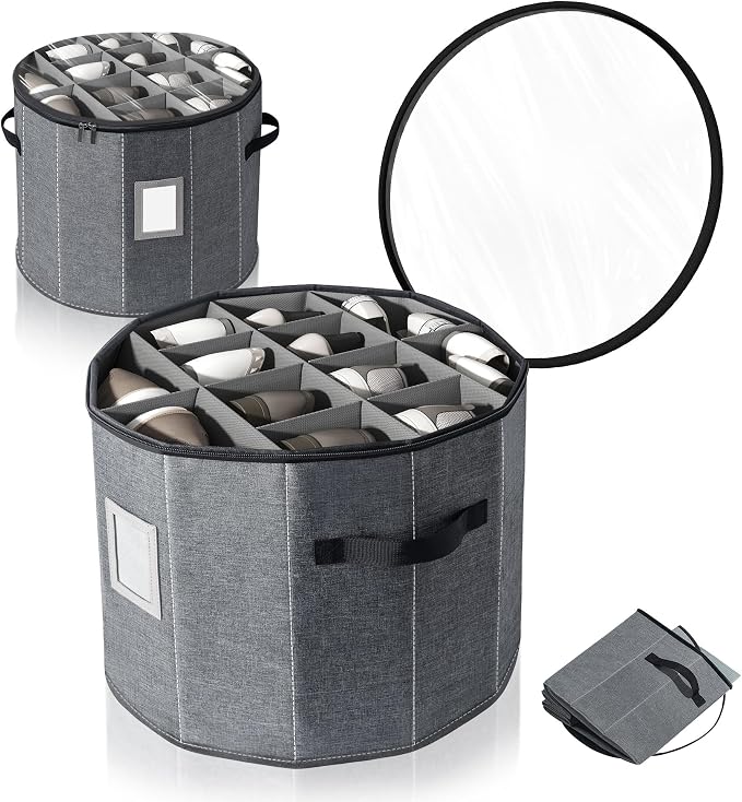 Shoe Storage Box for Women – 15.7" x 13" Grey Round Cylindrical Boot Organizer with Clear Lid, Foldable Closet Shoe Box with Adjustable Dividers, Space-Saving Design Fits Heels, Sneakers & Ankle Boots