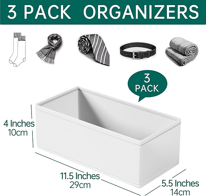 3 PACK Drawer Organizer Clothes，drawer Divider， Dresser Drawer Storage for Sock, Underwear, Bra，Panties，Belt, Tie, Stockings, Leggings & Accessories (White)