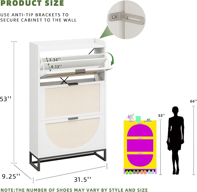 Flip Drawer Shoe Cabinet, Slim Narrow Entryway Storage Furniture with Hidden Flip-Open Organizer, Engineered Wood & Veneer Construction, Hallway Living Room Foyer, 3 Drawer, White