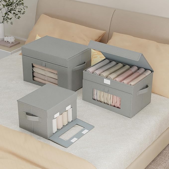 Storage Bins with Lids, Cube Organizer Basket with Window, Closet Boxes with Carrying 2 Handles and Sturdy PP Support Plate, 2 Pack, Grey, 13 x 9 x 7.9 In, XSNY17GM-2