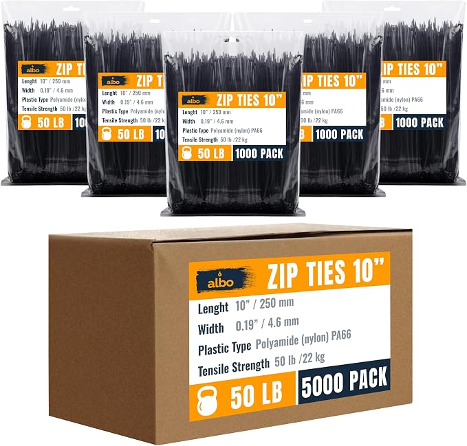 ALBO Zip Ties Black 10 Inch 5000 Pack 50 lb, Long Plastic Cable Ties Thick 0.19 Inch Tie Wraps Heavy Duty UV Resistant Nylon Wire Ties for Indoor and Outdoor