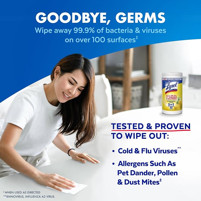 Lysol Disinfecting Wipes, Multi-Surface Cleaner, Lemon, 80 ct. (4 Pack) | All Purpose Cleaner, Sanitizing, Deodorizing, Apartment Essentials, Back To School Cleaning Supplies, Kitchen & Bathroom Wipe