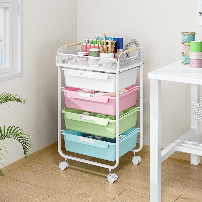 SYKIARIOL 4-Drawer Rolling Storage Cart with Mesh Top, Utility Craft Organizer Cart on Wheels with DIY Labels, Rolling Drawer Cart for Home Office Classroom Bedroom, Colourful