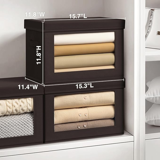 Homsorout Stackable Storage Bins with Lids - Large Storage Box with Lids, Foldable Closet Boxes for Organizing, Wardrobe Clothes Organizer with Window, Cubes Bins for Living Room, 6 Pack, Brown