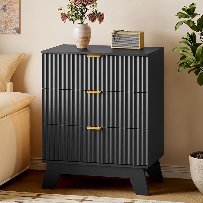 BORNOON Fluted 3 Drawer Dresser, 30.3" Tall Compact Modern Boho Chest of Drawers, Wooden Storage Cabinet for Bedroom, Living Room, Entryway, Curved Profile Design