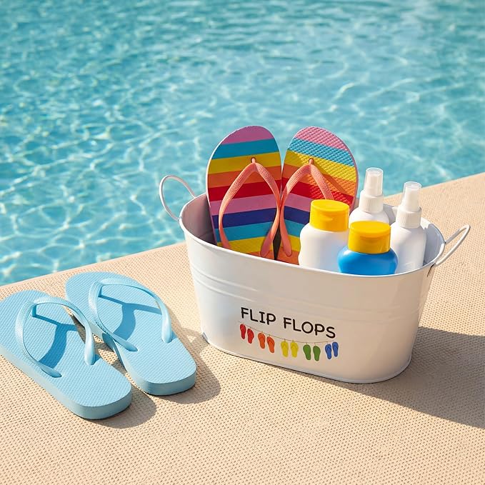 Blulu 10.6"x4.7" Flip Flop Storage Bucket Metal Poolside Basket Above Ground Pool Bin Summer Basket Outdoor Storage for Sunscreen Goggles Flip Flop Spf Swimming Camping Beach Accessories Decor