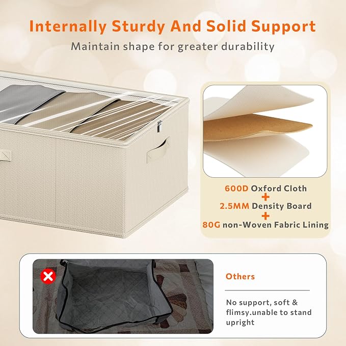 10inch 3 Pack Under Bed Storage Containers, 10 Inch Tall Underbed Clothes Storage Organizer Bin with Clear Window，Foldable Box Basket for Clothes, Closet, Bed Sheets and Blankets Beige