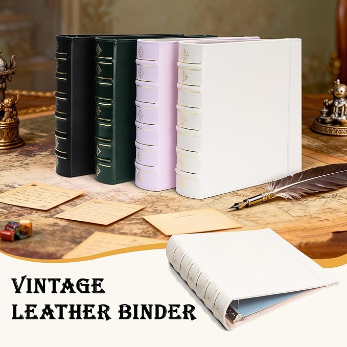 Ospelelf Leather 3 Ring Binder 2 Inch, Vintage D Ring Binder with Pockets and 5 Tab Dividers, Hardback Book Style Document Organizer Fits Letter Size for Home and Office White