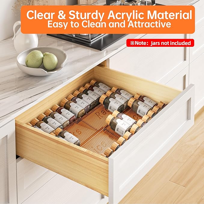 PanPanPal 8 Packs Spice Drawer Organizer, 2-Tier Acrylic Drawer Seasoning Organizer, Expandable From 11'' to 22'' Kitchen Spice Rack Organizers and Storage for Drawer (Jars not included), Amber