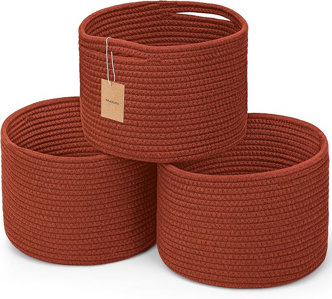 Small Rope Baskets for Storage, Baskets for Gifts Empty, Cute Round Woven Basket, Decorative Shelf Baskets 9.82×9.82×7.1", Cotton Toy Basket Storage Bins for Organizer 3 Packs-Brick Red