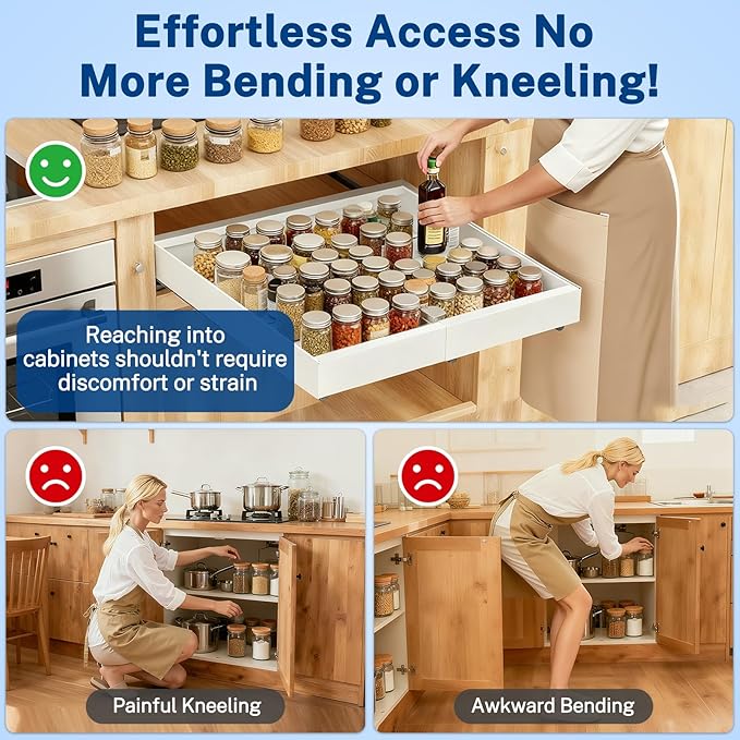 2 Pack Pull Out Cabinet Organizer Expandable Width(12.2"-20.47") & 21"Deep, Insputer No Drill Adhesive Slide Out Drawers with Upgrade 3 Slide Rails, Magnetic Panel, Roll Out Shelf for Kitchen, Pantry