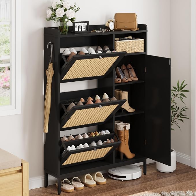 Garvee Shoe Cabinet with 3 Flip Drawers, Freestanding Shoe Organizer with 4-Tier Shoe Storage Cabinet and Adjustable Shelf & Rattan Doors,Narrow Shoe Rack Cabinet for Entryway, Closet, Hallway