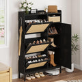 Garvee Shoe Cabinet with 3 Flip Drawers, Freestanding Shoe Organizer with 4-Tier Shoe Storage Cabinet and Adjustable Shelf & Rattan Doors,Narrow Shoe Rack Cabinet for Entryway, Closet, Hallway