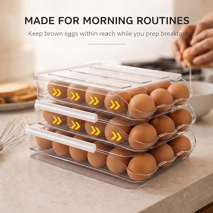 Egg Holder for Fridge with Rolling Auto Dispense, Egg Dispenser for Refrigerator, Stackable Egg Organizer for Refrigerator, Holds 54 Eggs, Clear Space Saving Storage Container for Kitchen Use