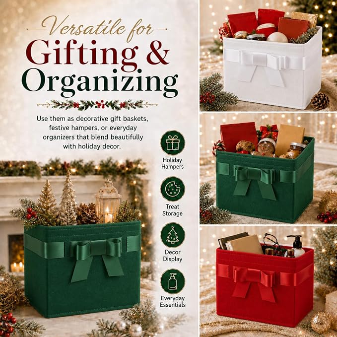 LemonRoad 3 Pcs Christmas Storage Bins 10x8x6in Red Green White Felt Gift Baskets with Elegant Bows Large Capacity Christmas Organizer for Shelves Closet Home Office, Xmas Decorative Fabric Boxes