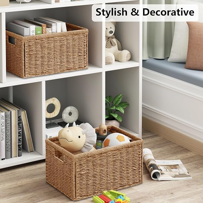 Vagusicc 2 Packs Large Wicker Storage Basket, Closet Storage Baskets Bins for Shelves, Decorative Collapsible Baskets for Organizing Clothes Toy Nursery Bathroom Organizers and Storage, Natural