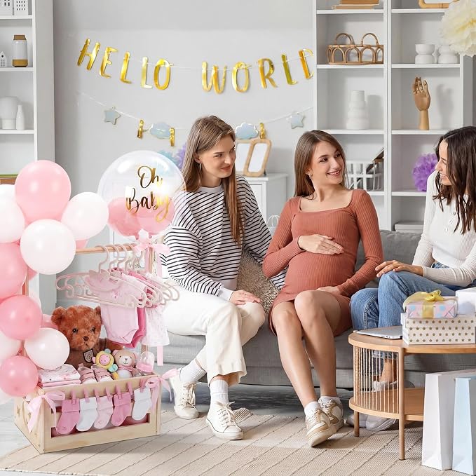 Wooden Baby Shower Crate Closet with Hanger Rack, Pink Bow Baby Gifts Basket with Balloon Accessories, DIY Babies Welcome Box for Pregnancy New Parent