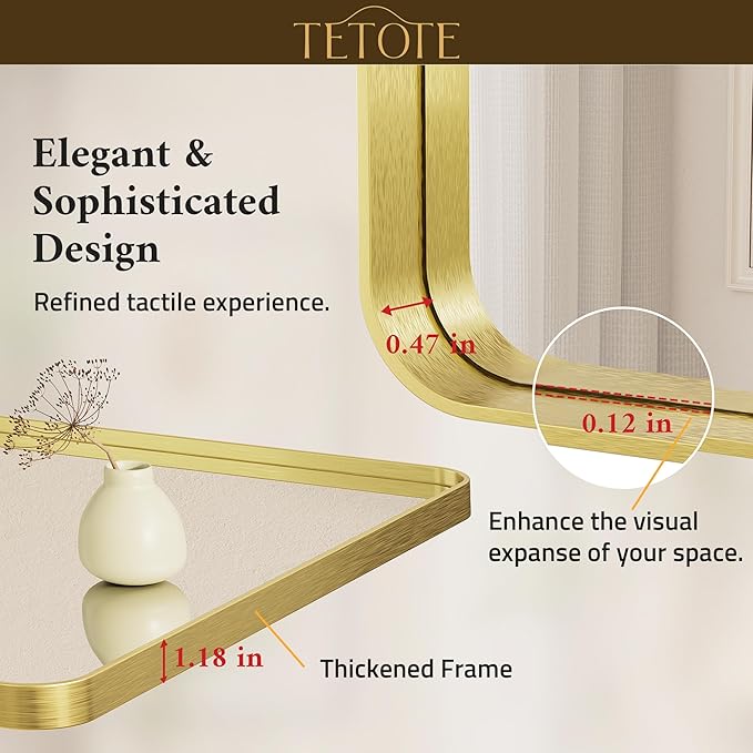 TETOTE 42 x 36 Inch Gold Mirror for Bathroom, Brushed Metal Frame Vanity Mirror, Brass Gold Rectangle Modern Decorative Wall Mirrors for Entryway Shatterproof (Horizontal/Vertical)