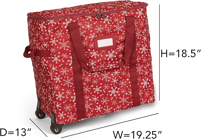 Covermates Keepsakes Rolling Adjustable Ornament Storage Bag – Heavy-Duty Polyester, FlexGrid Trays & Padded Dividers – Protective Holiday Organizer with Wheels, Handles & ID Window, Red Snowflake