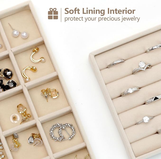 Set of 4 Beige Stackable Jewelry Trays, Jewelry Drawer Organizer Inserts | Jewelry Organizer Trays for Drawer, Jewelry Display Tray Storage with Removable Dividers for Earring Ring Necklace Bracelet