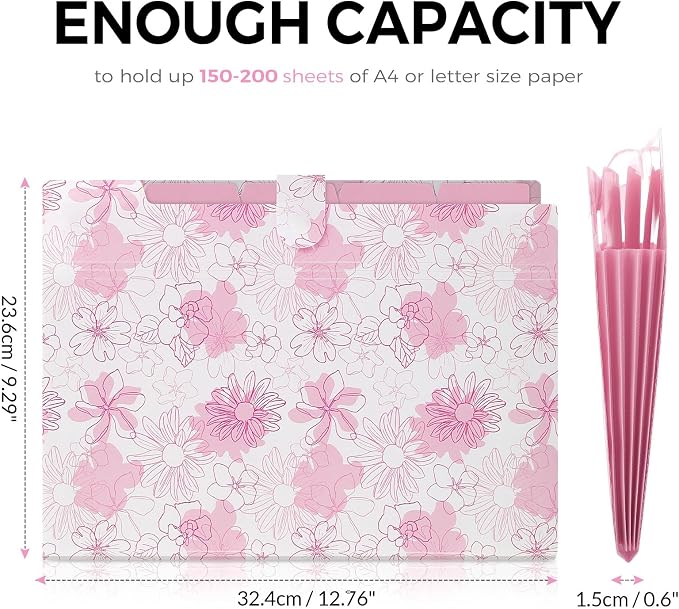 SKYDUE Accordion File Organizer, Floral Expanding File Folders with 5 Pockets, Cute Document Organizer for Paper Bills Receipt Storage, School Office & Hospital Supplies Letter/A4 Size Pink