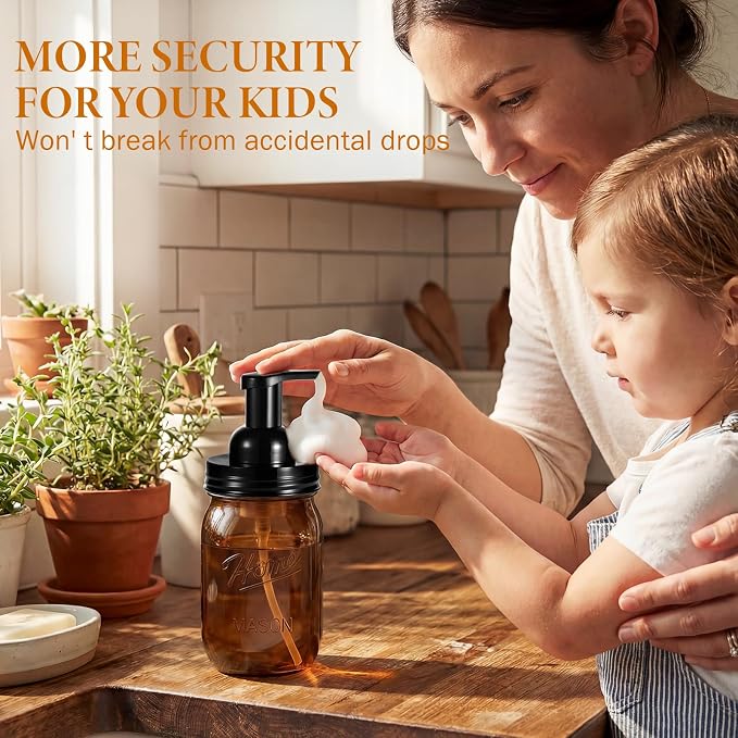 Amolliar Plastic Mason Jar Foaming Soap Dispenser Pump Lid, 16oz Foam Soap Dispenser with Cute Lables - Amber Refillable Hand Soap Dispenser for Bathroom Kitchen Shower (2 Pack, Black)