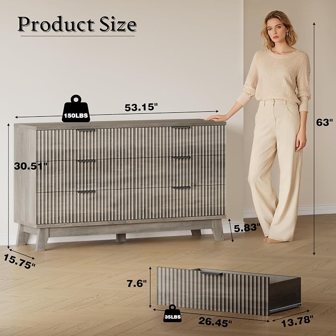 BORNOON 53" Long Dresser for Bedroom, 6-Drawer Dresser with Fluted Fronts, Wide Wood Chest of Drawers, Smooth Metal Slides, Stable Base, Modern Clothes Storage Cabinet for Living Room, Hallway