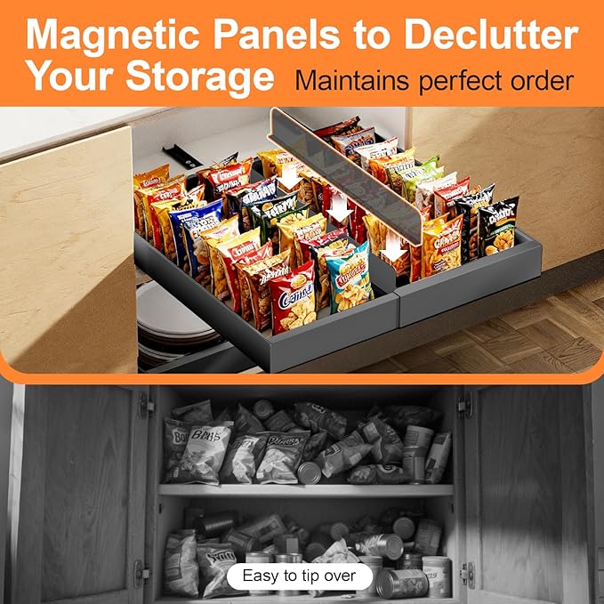 1 Pack Pull out Cabinet Organizer Expandable Width(12"-20") and 21"Depth, No Drill Adjustable Slide Out Drawers for Kitchen, Cabinets With 3 Slide Rails,Magnetic Panel, Adhesive Roll out Shelves