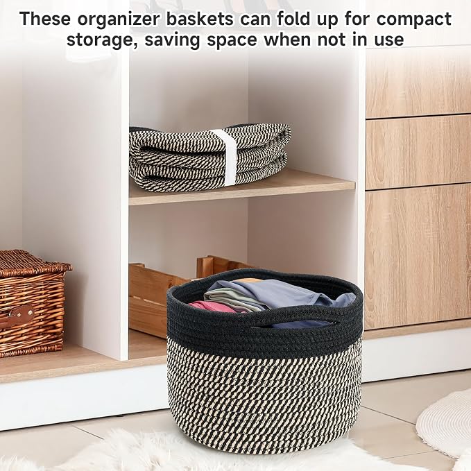 Small Rope Baskets for Storage, Baskets for Gifts Empty, Cute Round Woven Basket, Decorative Shelf Baskets 9.82×9.82×7.1", Cotton Toy Basket Storage Bins for Organizer 3 Packs-Brown+Black