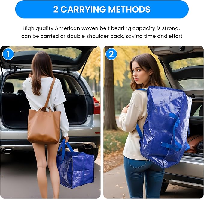 Simple Deluxe 10 Pack Extra Large Moving Bags with Backpack Straps, Strong Handles/Zippers, Heavy Duty Storage Tote for Moving Travel Camping Space Saving, Blue