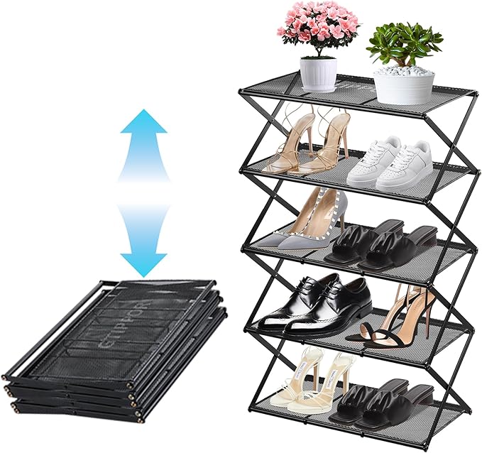 Shoe Rack for Entryway 5 Tier Foldable Metal Shoe Rack Organizer for Closet Front Door Entrance and Small Spaces Space Saving Black