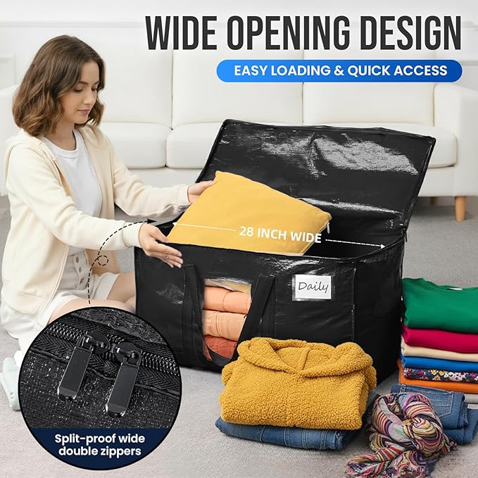 TAILI Extra Large Moving Bags, 8 Pack Black Heavy Duty Totes For Storage with Visible Window, Wrap Around Handles, Storage Bags for Space Saving, Alternative to Moving Boxes