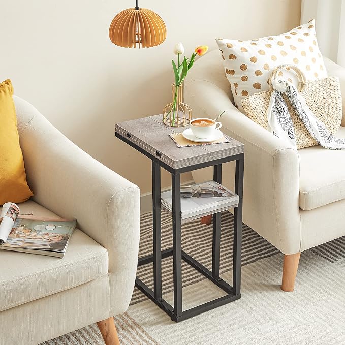 HOOBRO Foldable C Shaped End Table, C Shaped Side Table with Storage Shelf, Small Snack Table, Slide Under Couch Table for Sofa, Living Room Bedroom Small Spaces Easy Assembly, Greige BG29SF01