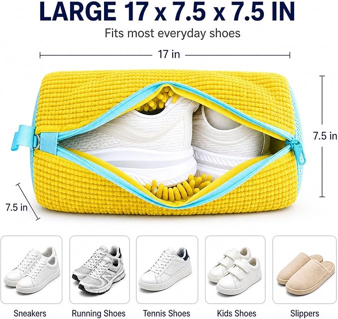 Shoe Washing Machine Bag 2 Pack with 2 Dust Bags for Washer Dryer | Chenille Microfiber Lining, 17 x 7.5 inch Cylindrical Shape, Auto-Lock Zipper, Foldable Yellow Laundry Wash Cleaner Pouches