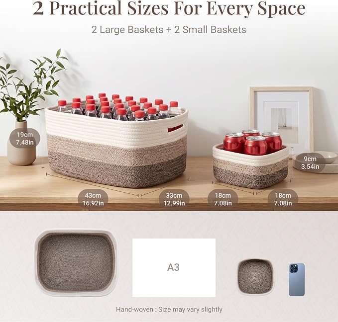 4-Pack Large Woven Rope Storage Baskets, 2 Sizes Organizer Bins | Fabric Cube Boxes and Rectangular Shallow Bins for Closet, Shelf, Bookshelf, Nursery, Changing Table, Bathroom, Toys & Home