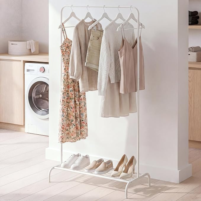 Small White Clothing Rack, Freestanding Metal Garment Rack with Bottom Shelf, Stable Clothes Rack for Small Spaces, Bedroom, Dorm, Apartment, 92LBS Capacity