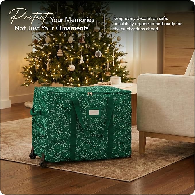 Covermates Keepsakes Rolling Adjustable Ornament Storage Bag – Heavy-Duty Polyester, FlexGrid Trays & Padded Dividers – Protective Holiday Organizer with Wheels, Handles & ID Window, Green Snowflake