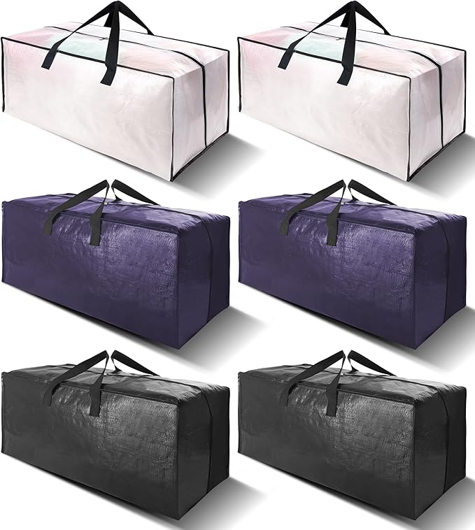 VELVETSURE 6 Pack Heavy Duty Large Moving Bags W/Backpack Straps - Strong Handles & Zippers, Storage Totes, Fold Flat, Alternative to Moving Box and Storage Bin, Semi-Transparent+Blue+Black