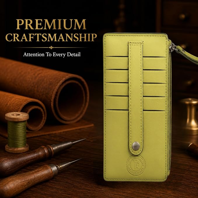 Leatherboss Genuine Leather Women's All in One Credit Business Card Case Holder Slim Zipper Wallet With a Card Protection Strap, Lemon