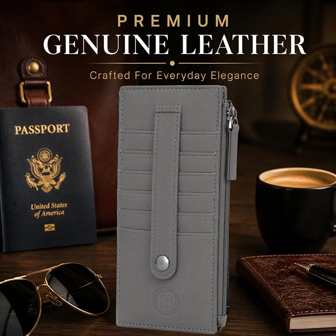 Leatherboss Genuine Leather Women's All in One Credit Business Card Case Holder Slim Zipper Wallet With a Card Protection Strap, Gray