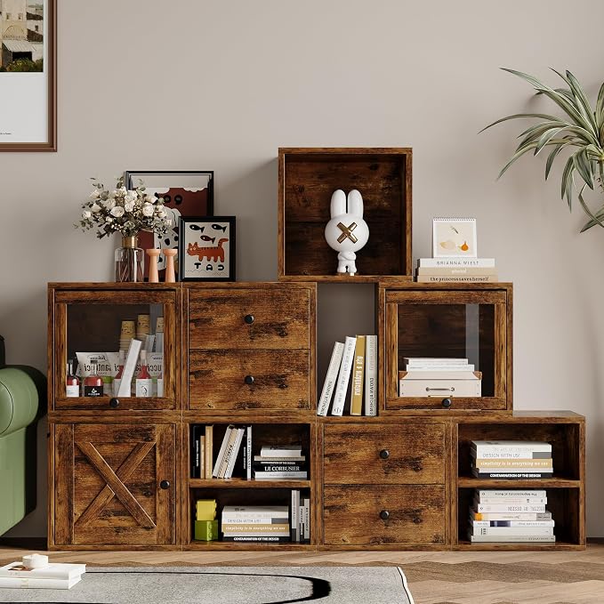 FUSUNBAO Magic DIY Storage Organizer - Stackable Cubes for Home Books, Clothes, Toys-Modular Cubby Storage System-Office Cubical-Bookcase Closet (Antique Brown, 1 Layer Cube)